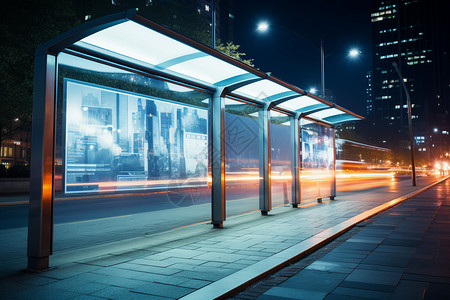 夜晚明亮的公交站台图片