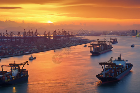 夕阳下的港口背景图片