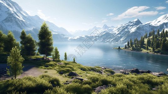 美丽的新疆风景雪山下美丽的湖泊景观插画