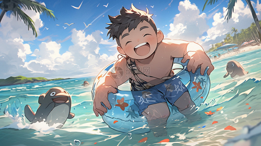 夏天海边玩耍的小朋友插图图片