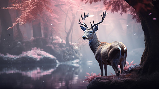 迷雾森林中的麋鹿背景图片