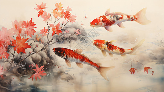 鱼塘水彩艺术插图图片