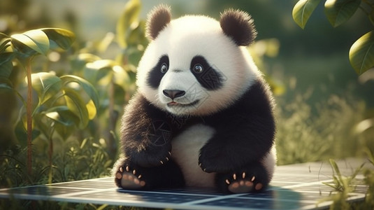 光伏板上的熊猫插图背景图片