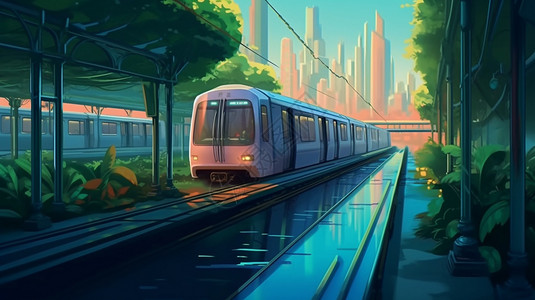 城市中穿梭的地铁插图背景图片