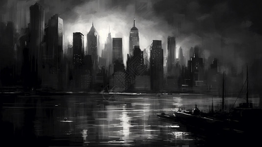 黑白城市景观水彩插图背景图片