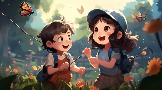 一个男孩和一个女孩在公园里捉蝴蝶。背景图片