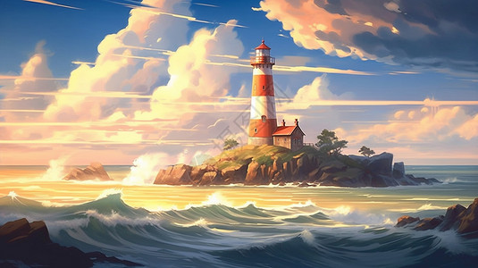 海边石头景观孤独的海边灯塔插图插画