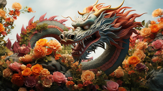 花丛中的中国龙概念图背景图片