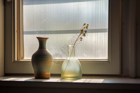窗台前的复古花瓶背景图片