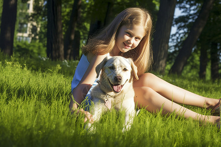 公园草坪上的小女孩和小狗图片