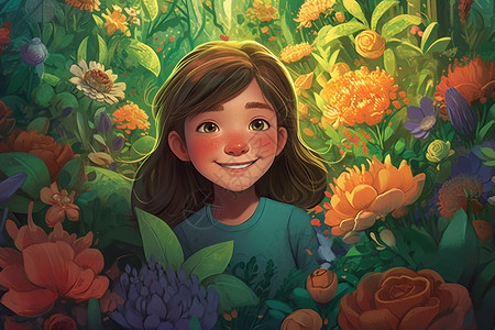 可爱小女孩探索鲜花花园插画图片