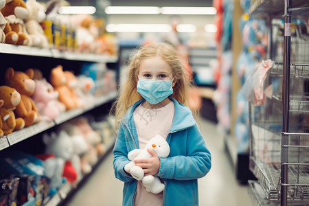 传染预防超市里的女孩怀抱着娃娃背景
