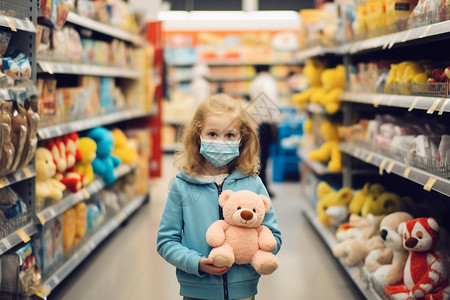 收拾卫生小熊戴着口罩抱着小熊逛超市的女孩背景