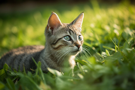 阳光沐浴着草地上的猫图片