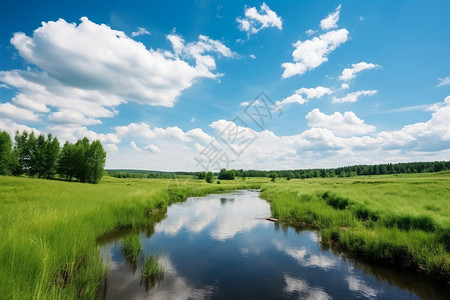 蓝天白云和河流图片