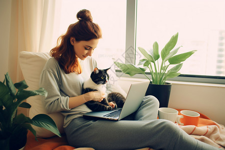 抱着猫咪的女孩女孩抱着猫咪工作背景