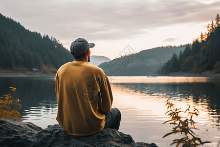 男人坐在湖边图片