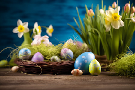 桌子上的彩蛋鲜花背景图片