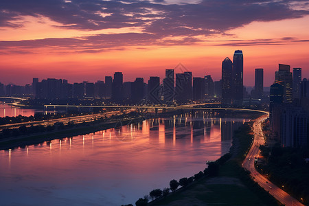 日落时的城市风景背景图片