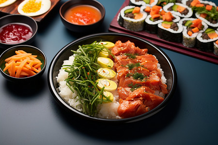 美味石锅拌饭和寿司图片