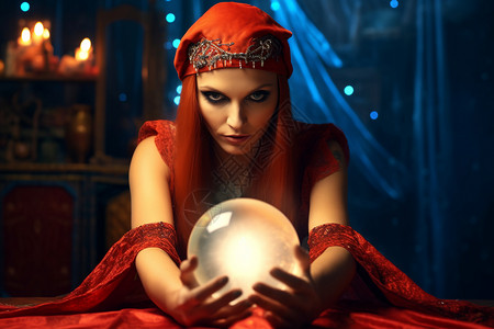魔术头巾女人手上的玻璃球背景