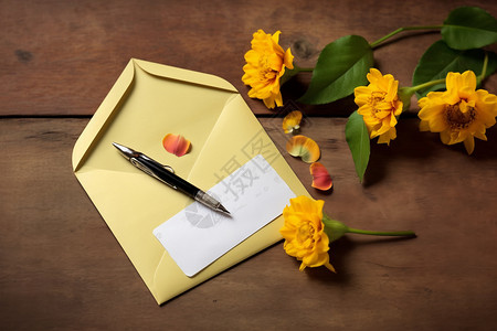 黄色信纸信封和鲜花背景