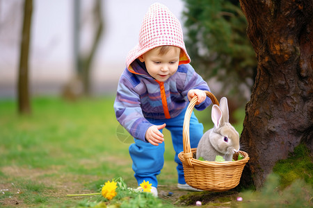 拉着彩蛋的兔子男孩拎着兔子背景