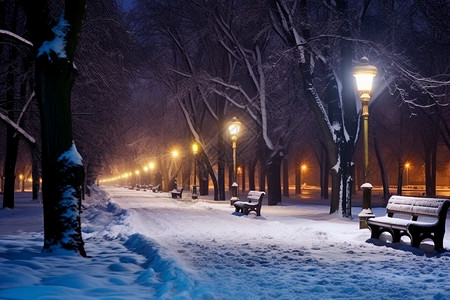 夜晚的雪景街道高清图片