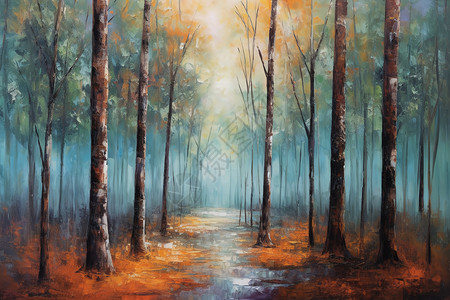 秋天的森林油画图片