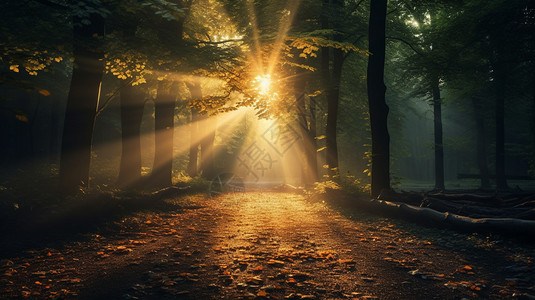 阳光穿过森林的艺术插图图片
