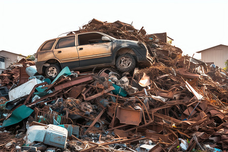 塑料碎片废墟里的汽车和垃圾设计图片