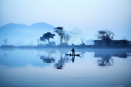有雾池塘湖面上孤独的渔夫插画