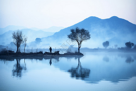 雾气弥漫的乡村池塘插画图片