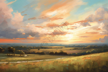 金色平原宁静的早晨风景插画