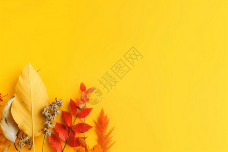 黄色壁纸上多样的秋季落叶图片
