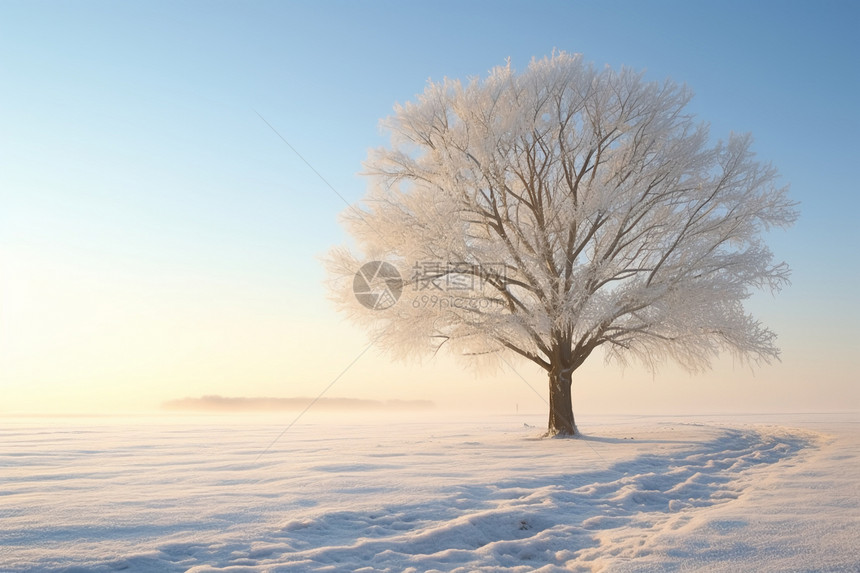 雪原中孤独的树图片
