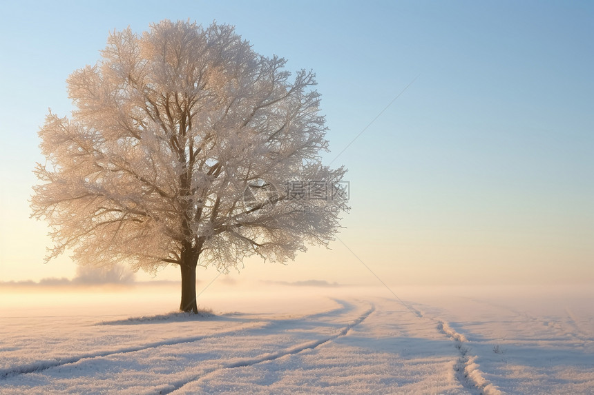 雪中孤独的树图片