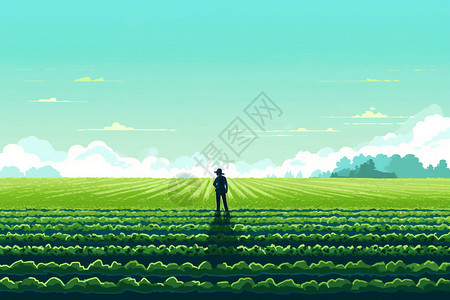 一个农民在绿色田野背景图片