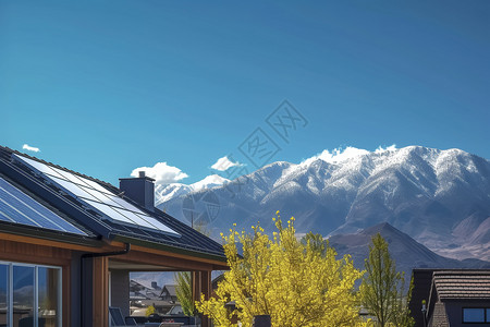 房屋与高耸的雪山背景图片