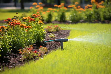 草坪灌溉花园中的洒水器背景