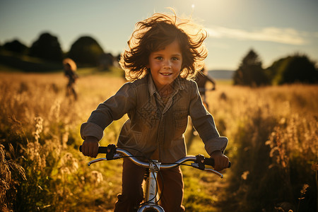 田野中骑车的孩子背景图片