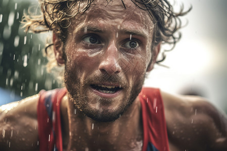 精神汗水在雨中比赛的运动员背景