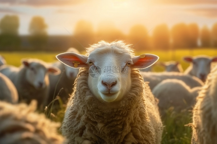 夏日金色光芒照耀的绵羊图片