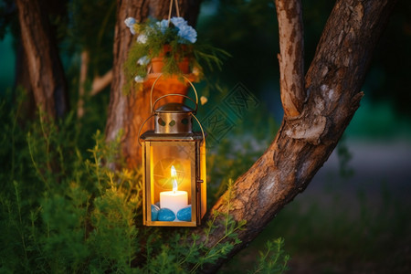 冰蓝火焰灯放在树上的蜡烛背景