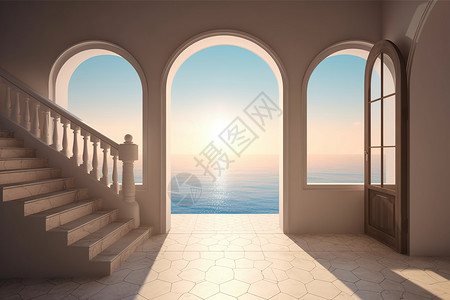 慢门海景日落时分拱形建筑设计图片