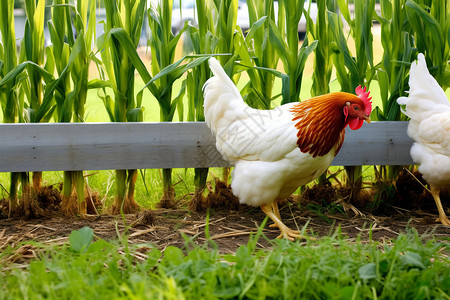 农田里公鸡的喂养高清图片