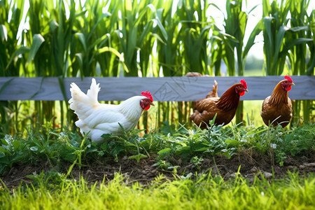 玉米喂养公鸡正在农田里进食背景