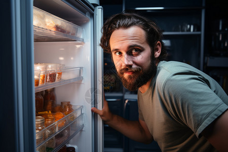 冰箱前找食物的男人图片