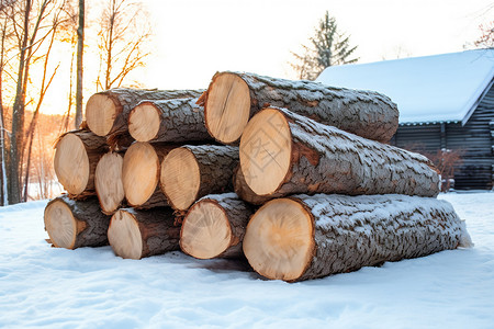 冬天原木木材图片