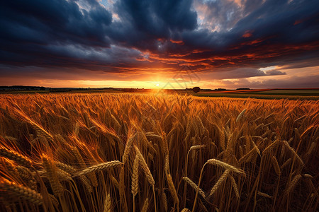丰收时日落时的麦田景观背景